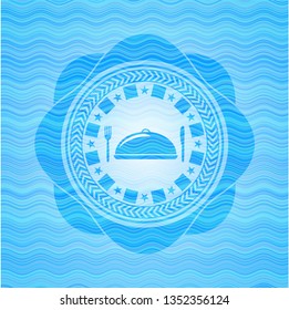 special food icon inside water wave concept badge background.