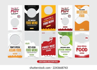 Diseño de plantillas de descuento de menú especial para artículos de medios sociales. Vector de afiches de promoción de negocios en restaurantes con colores rojo y amarillo. Banner web de anuncios de comida con marcadores de foto.