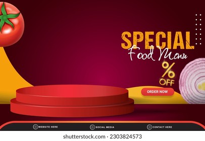 special food menu sale discount with landscape social media post tempate banner with copy space 3d podium with abstract gradient red and yellow background design