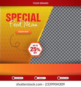 special food menu square banner for social media post with copy space frame for food sale with abstract gradient orange background design