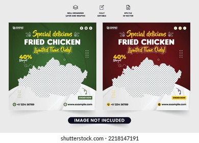 Special food promotion template vector for restaurant marketing. Delicious food menu advertising web banner design with green and red color backgrounds. Restaurant social media post vector.