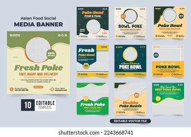 Special food social media promo design collection with green and orange colors. Culinary business advertisement template bundle with abstract shapes. Restaurant layout set vector for digital marketing