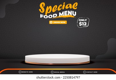 special food template banner with blank space 3d podium for food sale with abstract gradient black background design