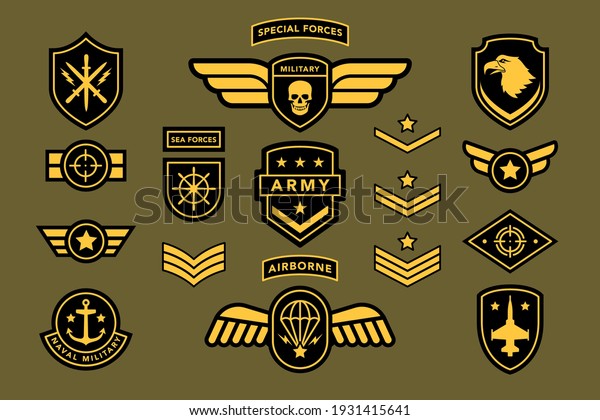 Special force army insignia uniform label,\
tag, stripe badge. Navy, airborne soldier military camouflage patch\
set with eagle, star, sword, shield, jet vector illustration\
isolated on white\
background