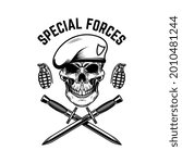 Special forces. Crossed knives and grenades with soldier skull in military beret. Design element for logo, label, sign, emblem. Vector illustration