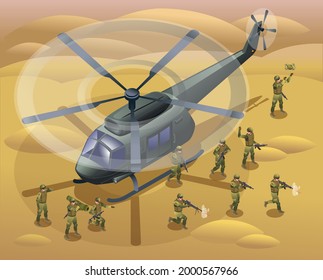 Special Forces land troops from a helicopter and attacking in the desert isometric icons on isolated background