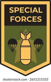 Logo de las fuerzas especiales que muestra una bomba y paracaídas, sobre un fondo de temática militar, simboliza operaciones aerotransportadas y despliegue táctico