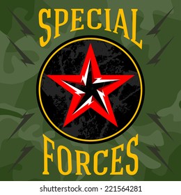 Special forces military patches. Vector illustration with forest camouflage background