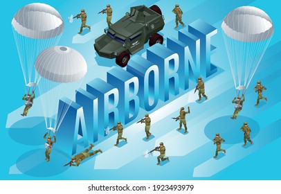 Special Forces of Modern Army and isometric word  Airborne with army off-road vehicle and paratroopers isometric icons on isolated background