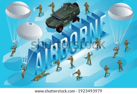 Special Forces of Modern Army and isometric word  Airborne with army off-road vehicle and paratroopers isometric icons on isolated background