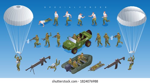 Special Forces Of Modern Army Off Road Vehicle Military Boat Soldiers Paratroopers Set Isometric Icons On Isolated Background