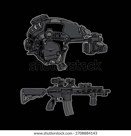 Special Forces Operator Equipment Set: Carbine Rifle and Helmet with NVG Vector Isolated