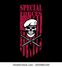Fuerzas especiales. Calavera en boina del ejército con cuchillos cruzados en el fondo de la bandera estadounidense. Elemento de diseño para logotipo, etiqueta, signo, emblema. Ilustración del vector