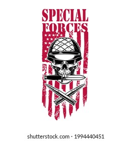 Spezialkräfte. Schädel in Armeehelm mit gekreuzten Kugeln auf amerikanischem Flaggenhintergrund. Design-Element für Logo, Label, Zeichen, Emblem. Vektorgrafik