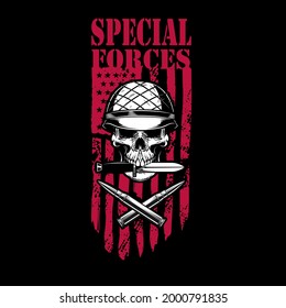 Fuerzas especiales. Calavera con casco del ejército con cartuchos cruzados en el fondo de la bandera estadounidense. Elemento de diseño para logotipo, etiqueta, signo, emblema. Ilustración del vector