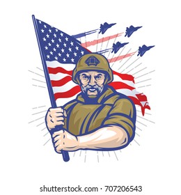 Special Forces Soldier With  American Flag. Vector Logo