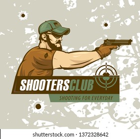 Special Forces Soldier Holds A Pistol . Logo Shooting Club, Military Illustration.