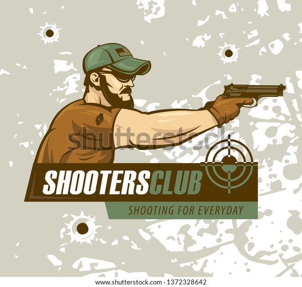 Special Forces soldier holds a pistol .\
Logo shooting club, military\
illustration.
