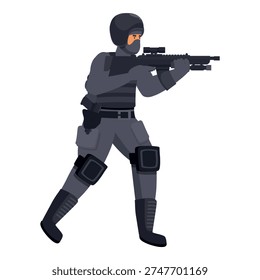 Special forces soldier walking and aiming with a modern assault rifle during a tactical operation