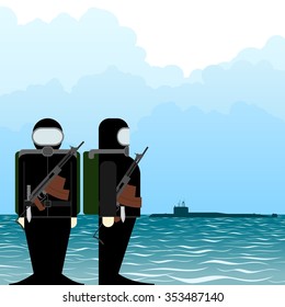 Special Forces soldiers with automatic weapons to shoot underwater. The illustration on a white background.