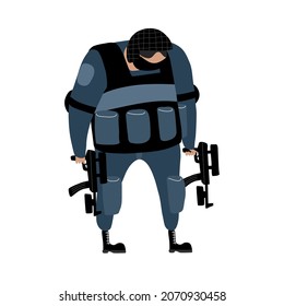A special forces unit in a black uniform. A modern soldier with a pair of machine guns. Color vector illustration isolated on a white background in cartoon and hand-drawn style.