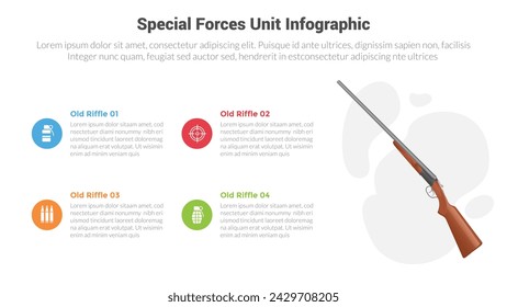 special forces unit equipment gears infographics template diagram with old antique riffle with 4 point for slide presentation