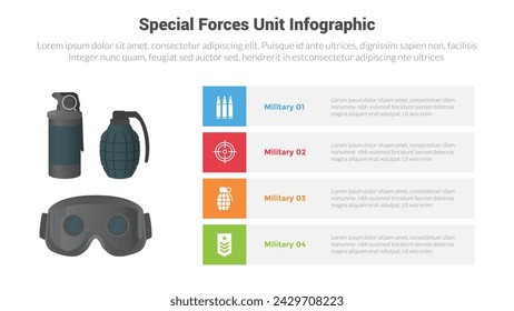 special forces unit equipment gears infographics template diagram with grenade flashbang and night vision glass with 4 point for slide presentation