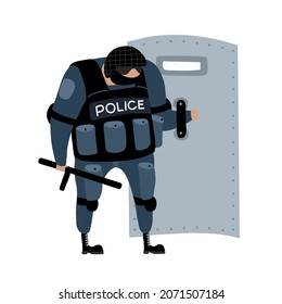 A special forces unit with a shield and a nightstick. A modern policeman. A punisher to suppress street riots. Color vector illustration isolated on a white background in a cartoon and flat design.