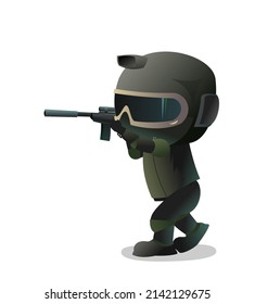 Guerrero de las Fuerzas Especiales va durante la lucha. Carácter cómico divertido. Casco, máscara y uniforme. Ataque con visión óptica. Aislado sobre fondo blanco. Vector.
