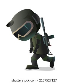 Guerrero de las Fuerzas Especiales se entristece. Carácter cómico divertido. Casco, máscara y uniforme. Ataque con visión óptica. Aislado sobre fondo blanco. Vector.