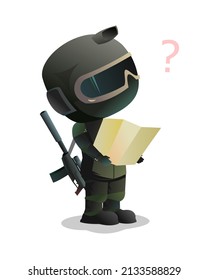 Guerrero de las Fuerzas Especiales buscando el camino en el mapa. Carácter cómico divertido. Casco, máscara y uniforme. Ataque con visión óptica. Aislado sobre fondo blanco. Vector.