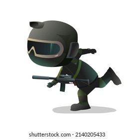 Guerrero de las Fuerzas Especiales corre rápido. Carácter cómico divertido. Casco, máscara y uniforme. Ataque con visión óptica. Aislado sobre fondo blanco. Vector.