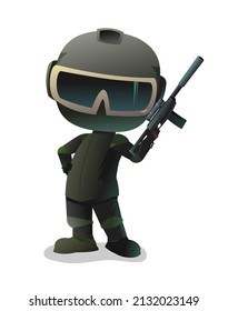 Guerrero de las Fuerzas Especiales. Soldado de Fortuna. Carácter cómico divertido. Casco, máscara y uniforme. Ataque con visión óptica. Aislado sobre fondo blanco. Vector.