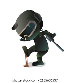 Guerrero de las Fuerzas Especiales pisó tierra. Carácter cómico divertido. Casco, máscara y uniforme. Aislado sobre fondo blanco. Vector.