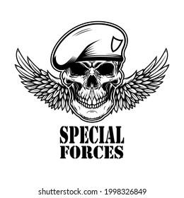 Fuerzas especiales. Calavera de soldado alado. Elemento de diseño para logotipo, etiqueta, signo, emblema. Ilustración del vector