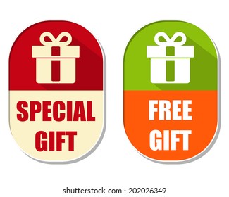 special and free gift with present box symbol, two elliptic flat design labels with icons, business holiday concept, vector