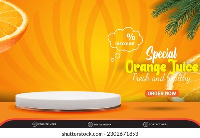 special fresh drink sale discount with landscape social media post tempate banner with copy space 3d podium with abstract gradient orange and yellow background design