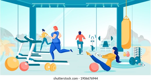 Special Full Body Gym Workouts and Fitness for Women. Sportive Girls and Overweight Female Characters Training on Treadmill, Exercise Bike, Working with Fitball. Flat Cartoon Vector Illustration