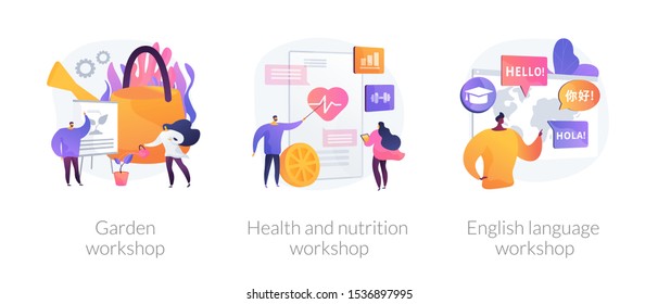 Special gardener, nutritionist and linguist education icons set. Garden workshop, health and nutrition workshop, foreign language workshop metaphors. Vector isolated concept metaphor illustrations