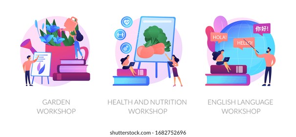 Special gardener, nutritionist and linguist education icons set. Garden workshop, health and nutrition workshop, foreign language workshop metaphors. Vector isolated concept metaphor illustrations