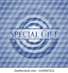 Special Gift blue badge with geometric pattern background.