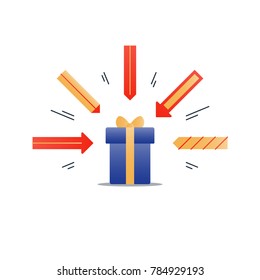 Special gift, blue box with yellow ribbon and arrows, best present idea concept, creative perfect gift, surprise box package, reward icon, vector flat illustration