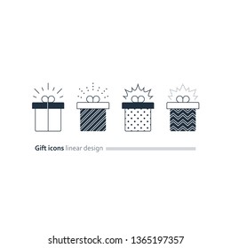 Special gift box, best present idea concept, creative perfect gift, surprise box package, reward icon, vector flat illustration
