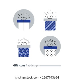 Special gift box, best present idea concept, creative perfect gift, surprise box package, reward icon, vector flat illustration