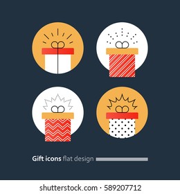 Special gift box, best present idea concept, creative perfect gift, surprise box package, reward icon, vector flat illustration