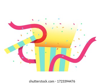 Special gift box open with light inside and rainbow confetti throwing around. Flat vector illustration of present box for special offer, promotion, celebration advertisement. A surprise gift for you. 