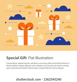 Special gift, creative unusual present, surprising box concept, birthday card, vector flat illustration