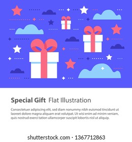 Special gift, creative unusual present, surprising box concept, birthday card, vector flat illustration