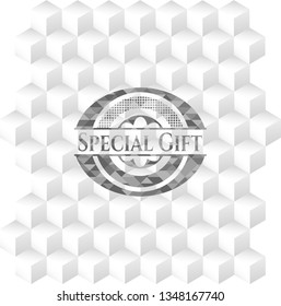 Special Gift grey emblem. Retro with geometric cube white background