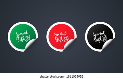 Special gift icon. Sticker set. Discount vector. Special gift labels set. Black, red and green round circle tags. Sale tags badges template. Discount promotion. Vector illustration. EPS10